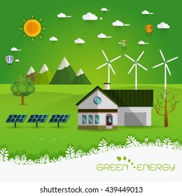 Green energy an eco friendly house - solar energy, wind energy,urban landscape,Vector concept illustration.