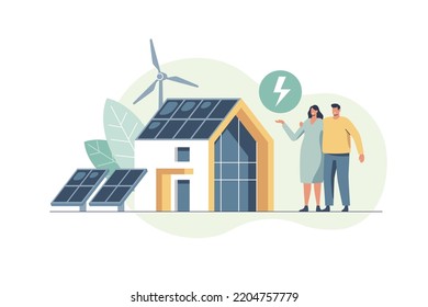 Green energy an eco friendly houses - solar energy, wind energy. Vector concept illustration.