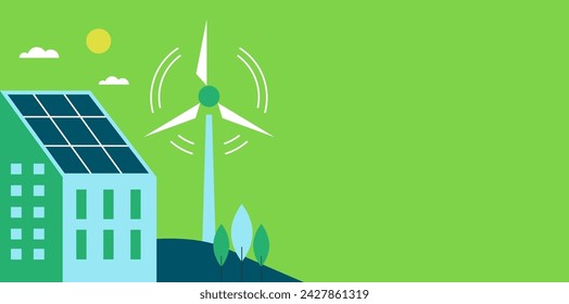 Green energy an eco friendly houses - solar energy, wind energy. Template poster, banner. Vector concept illustration.