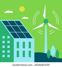 Energía verde y casas ecológicas - energía solar, energía eólica. Cartel de plantilla, banner. Ilustración de concepto de vector.