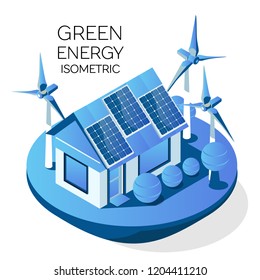Green energy and eco friendly modern home. Solar panels and wind turbine generating electricity. Isometric 3d