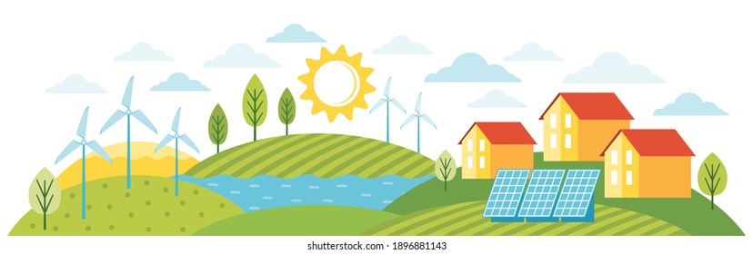 Green energy an eco friendly modern house. Eco city using alternative energy. Modern environmentally friendly town landscape with ecological infrastructure, solar panels, windmills, wind turbines.