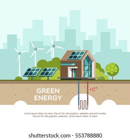 Green energy an eco friendly modern house. Solar, wind, geothermal power. Vector concept illustration.