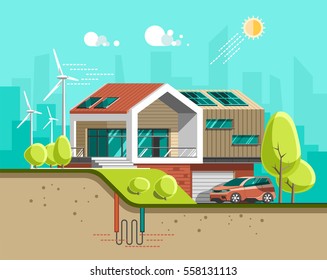 Green Energy And Eco Friendly Modern House. Solar, Wind, Geothermal Power. 3d Vector Illustration.