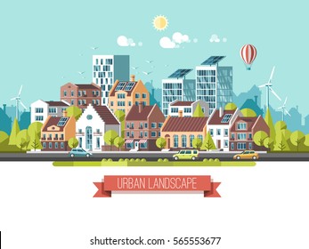 Green Energy And Eco Friendly Modern City. Traditional Architecture Landscape. Solar And Wind Power. Flat Vector Illustration. 3d Style.