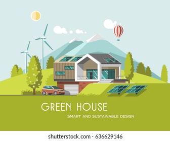 Green energy and eco friendly modern house on mountain landscape background. Solar, wind power. 3d vector illustration.