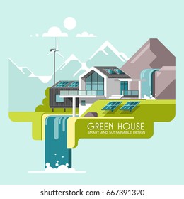 Green energy and eco friendly modern house on mountain landscape background. Home by the waterfall. Solar, wind power. 3d vector illustration.