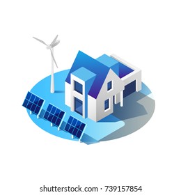 Green energy and eco friendly modern house. Solar panels and wind turbine generating electricity. Isometric vector illustration.