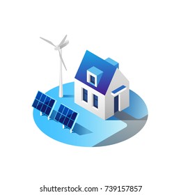 Green energy and eco friendly modern home. Solar panels and wind turbine generating electricity. Isometric vector illustration.