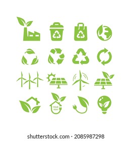 Green energy, eco friendly power vector icon set. Solar panel, wind turbine, recycled renewable symbols.