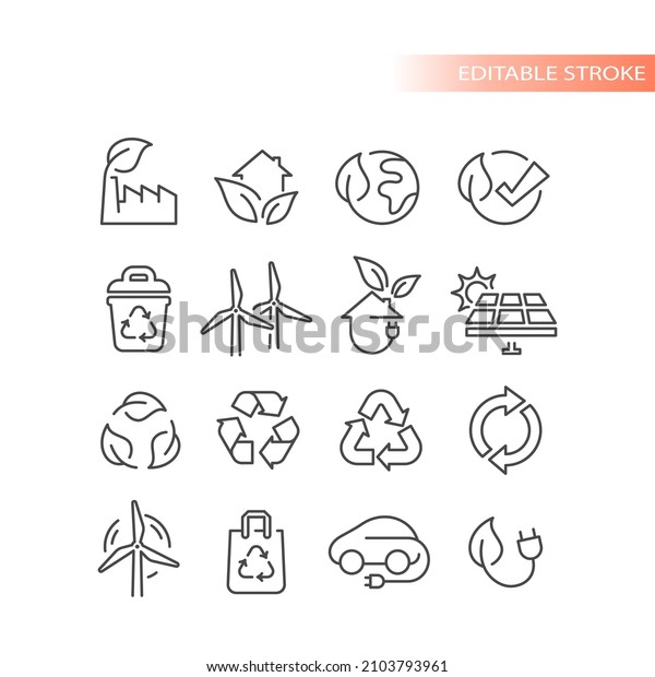 Green\
energy, eco friendly and safe icons. Solar panel, wind turbine,\
recycled, renewable outlined vector icon\
set.