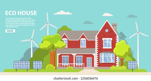 Green energy an eco friendly suburban american house. Solar panel, wind power.Family home.Townhouse building apartment.Home facade.Flat vector.Rural housing village chimney.Alternative energy.