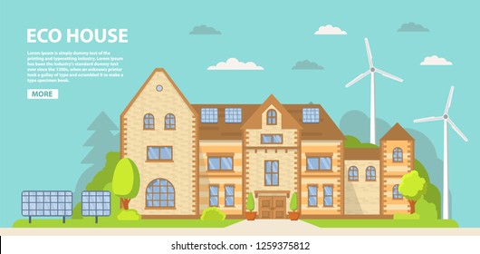 Green energy an eco friendly traditional Classical lock suburban house.Solar, wind power.Family home.Townhouse building apartment.Home facade with garage car.Flat vector.Rural housing village.