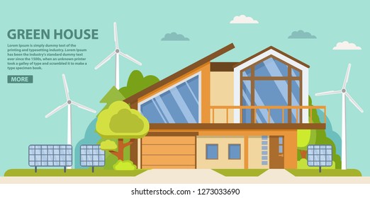Green energy an eco friendly traditional suburban american house. Solar, wind power.Townhouse building apartment.Home facade.Flat vector.Rural housing village chimney.Green house.