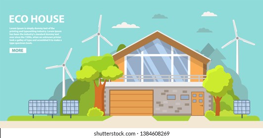 Green energy an eco friendly traditional suburban american house. Solar, wind power.Townhouse building apartment.Home facade.Flat vector.Rural housing village chimney.Green house.