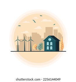 Green energy an eco friendly traditional and modern house. Solar, wind power. Vector concept illustration.