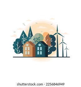 Green energy an eco friendly traditional and modern house. Solar, wind power. Vector concept illustration.