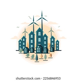 Green energy an eco friendly traditional and modern house. Solar, wind power. Vector concept illustration.