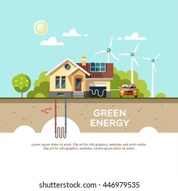 Green energy an eco friendly traditional house. Solar, wind, geothermal power. Vector concept illustration.