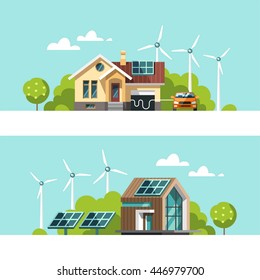 Green energy an eco friendly traditional and modern house. Solar, wind power. Vector concept illustration.