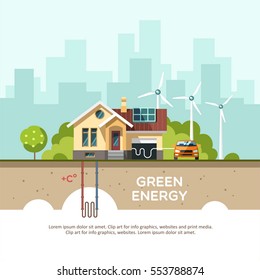 Green energy an eco friendly traditional house. Solar, wind, geothermal power. Vector concept illustration.