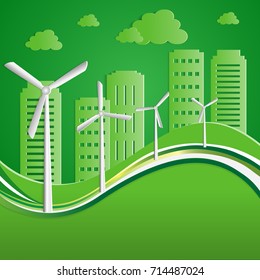 Green energy an eco friendly traditional and modern house. Solar, wind power.  flat design vector concept illustration.
