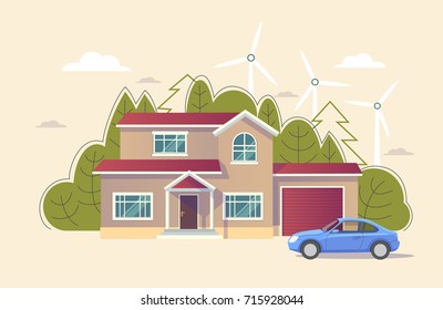 Green energy an eco friendly traditional and modern house with car. Solar, wind power. Vector clip art