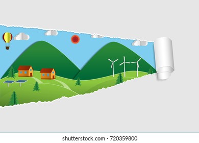 Green energy an eco friendly traditional and modern house. Solar, wind power.  flat design vector concept illustration.