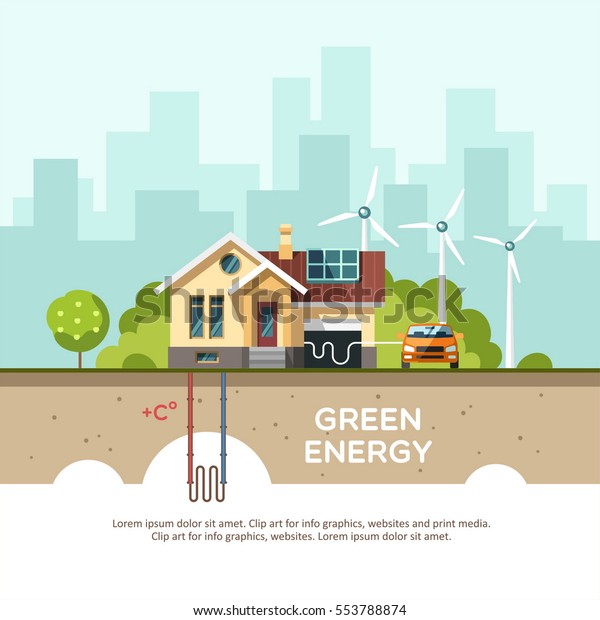 緑のエネルギーと環境に優しい伝統的な家。太陽、風、地熱。ベクター 