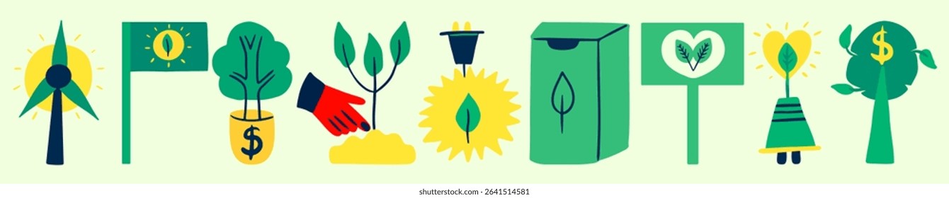 Green energy and eco investment modern  set. Renewable energy, planting trees, eco-friendly products. ESG hand drawn design vector elements. 