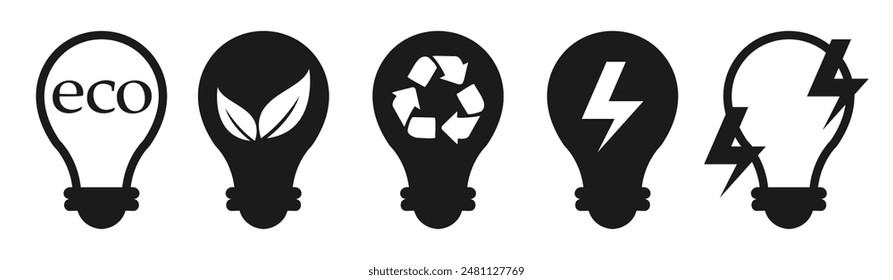 Green energy eco light bulb logo. Ecological electricity concept vector icon. Eco friendly energy icon with leaf and recycling sign