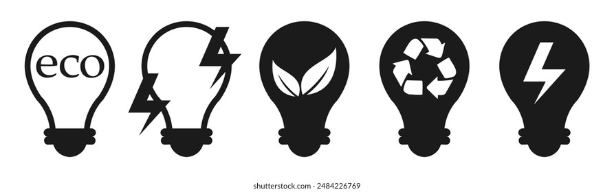 Green energy eco light bulb logo. Ecological electricity concept vector icon. Eco friendly energy icon with leaf and recycling sign