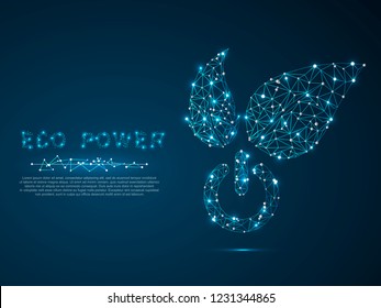 Green Energy ECO Power button with leaves for ecology, eco friendly, vector polygonal art style. Low poly wireframe illustration with scattered particles and light effects on a dark blue background