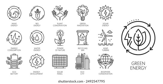 Green energy, eco power line icons. Electric electricity battery, sustainable fuel station or clean energy industry thin line vector icons with wind turbine, battery, solar panel and leaf, lamp