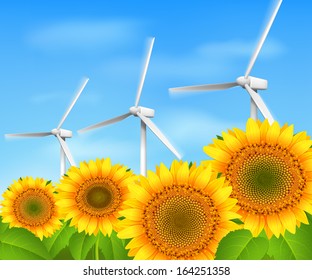 Green energy eco wind background with sunflowers and grass vector illustration