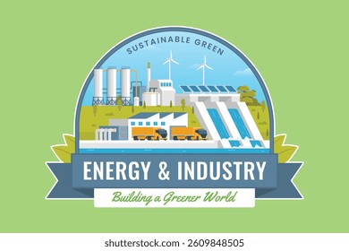 Green Energy and Eco-Factory Badge or Label. Sustainable Industry Concept Vector