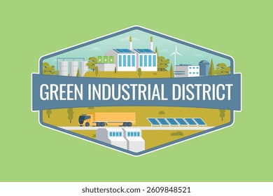 Green Energy and Eco-Factory Badge or Label. Sustainable Industry Concept Vector