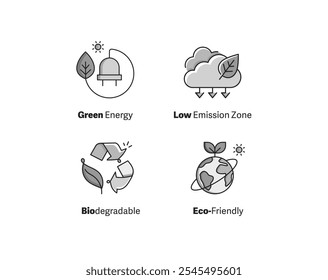 Green Energy, Eco-Friendly, Biodegradable, and Low Emission Zone Icon Set. Vector Icon Set.