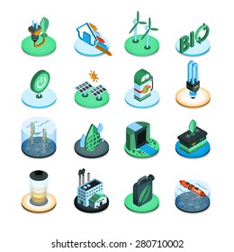 Green energy ecologic power resources isometric icons set isolated vector illustration