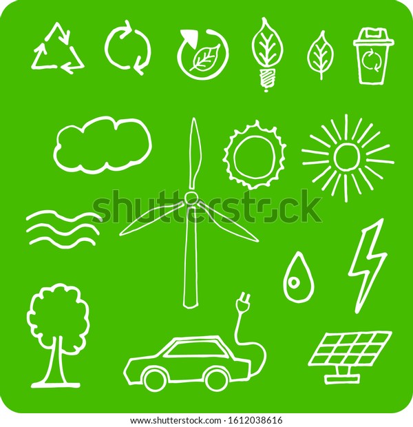 Green
energy ecological recycling hand drawn symbols
set