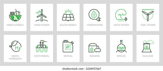 Green energy. Ecology concept. Web page template. Metaphors with icons such as wind power, solar energy, hydropower, wave and tidal power, geothermal, biofuel, biomass , nuclear and biogas.