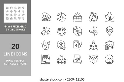 Green energy, ecology concepts. Contains such icons as CO2 neutral, solar, geothermal and wind energy, hydropower, biofuel and biomass. thin line icon set. Outline symbol collection. Editable vector.