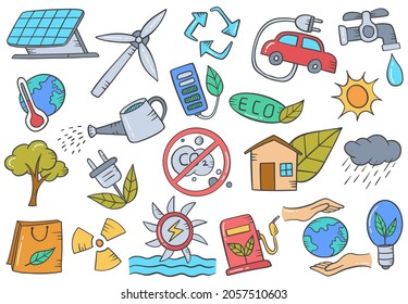 green energy ecology doodle hand drawn set collections with flat outline style