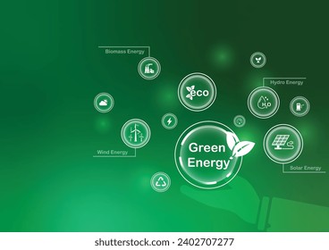 Green Energy Ecology and Eco. Sustainable business Eco Friendly, Alternative Clean Energy, Healthy Lifestyle. Icon set. Save the world concept. Vector illustrator.