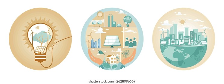 Energia verde para o conceito de conservação ambiental e ecologia com painéis solares e elementos da natureza em lâmpada.  Mãos humanas segurando a terra. Uma cidade com soluções energéticas sustentáveis.