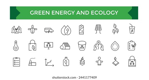 Green energy and ecology icon. Ecology icons set. Recycle, eco, solar power, wind power, nature, electric car icons and more signs.