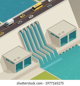 Green energy ecology isometric composition water purification structure with a bridge on top vector illustration