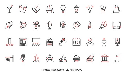 Green energy ecology trendy red black thin line icons set vector illustration. Environment protection, eco startup technology, recycle plant, research with microscope, global warming and urbanization