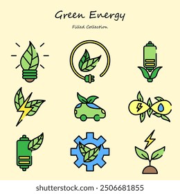 Green Energy Editable Icons Set Line Style. Energy, Nature, Bio, Power, environment. Filled Collection