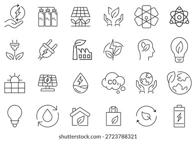 Conjunto de ícones editáveis de energia verde. Coleção de energia renovável, ecologia e eletricidade verde esboçar ícones. Ilustração vetorial.